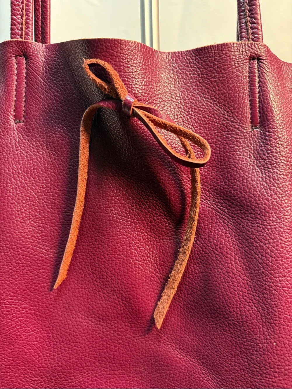 Genuine Italian Pebbled Leather Tote in Deep Burgundy with Tie Detail